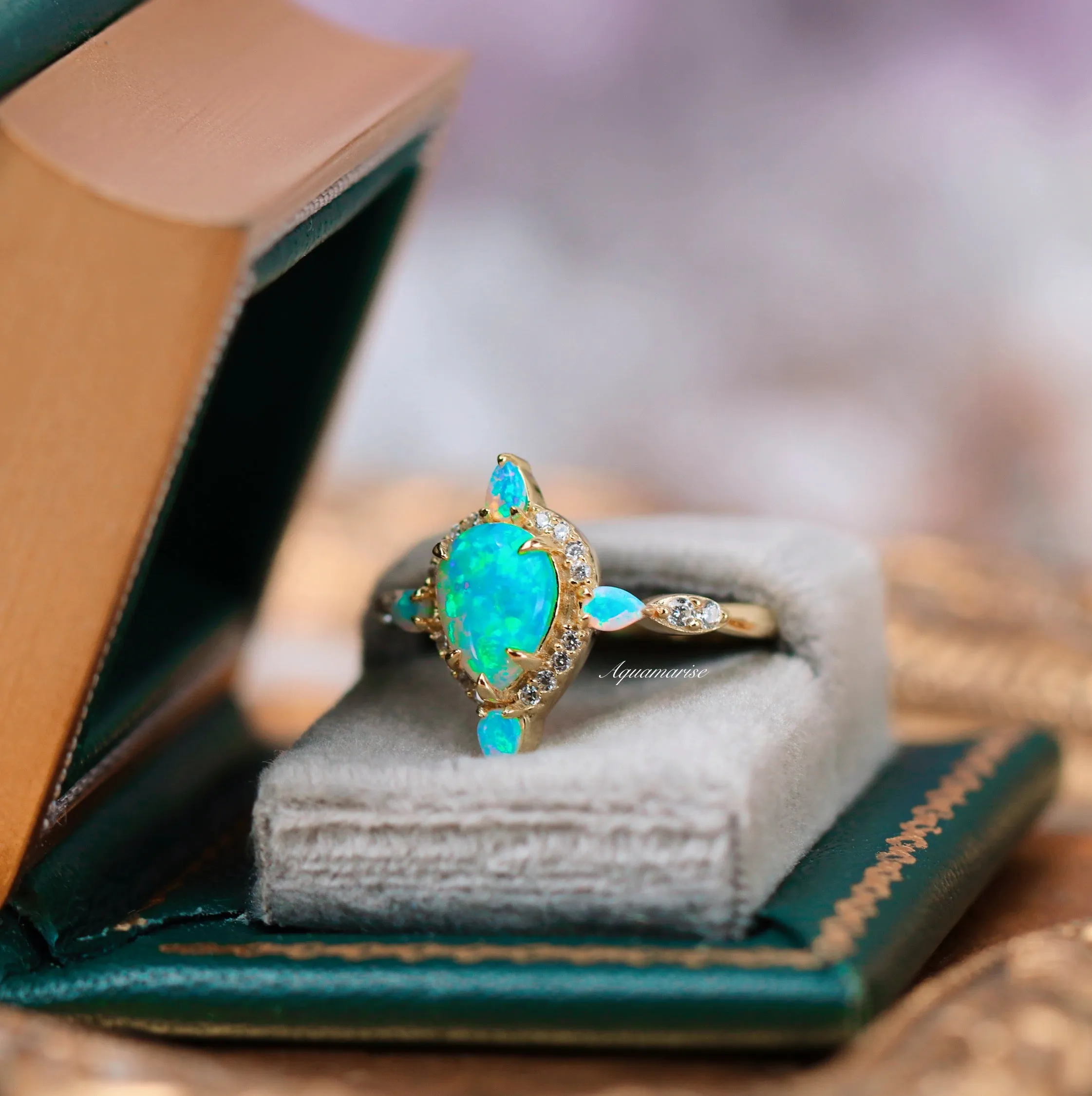 Blue Fire Opal Engagement Ring- 14K Yellow Gold Vermeil