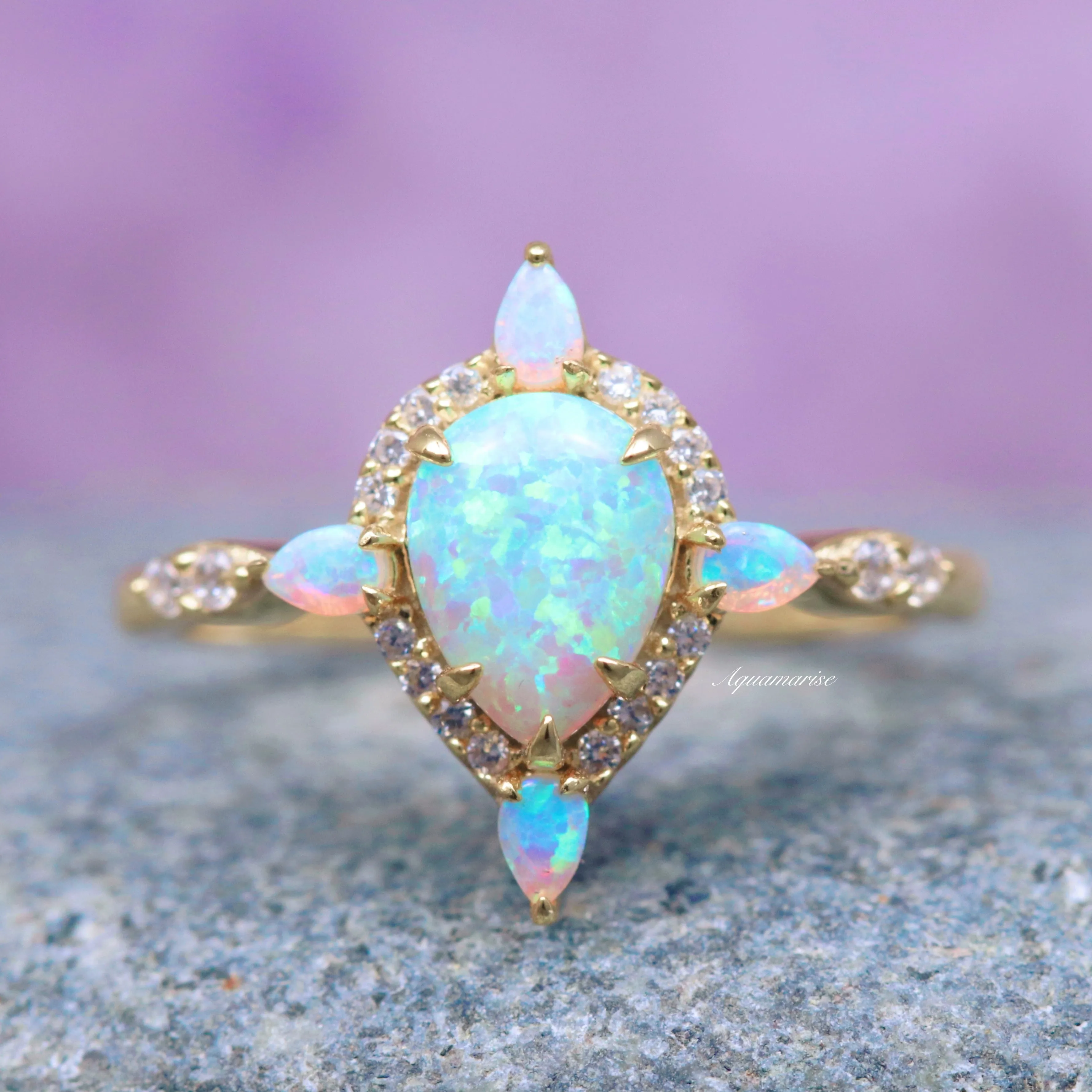 Blue Fire Opal Engagement Ring- 14K Yellow Gold Vermeil