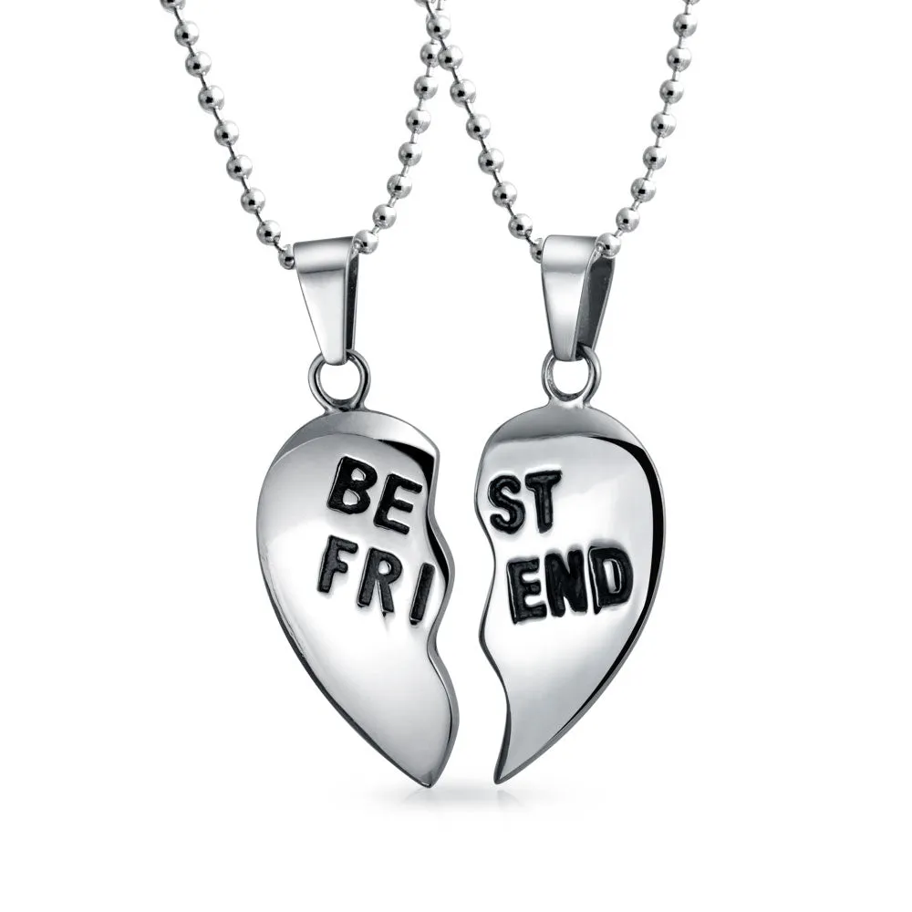 Break Apart Heart Pendant Necklace for BFF - Silver Tone Stainless Steel