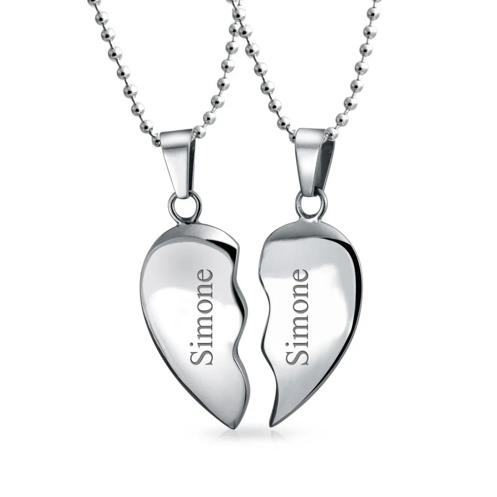 Break Apart Heart Pendant Necklace for BFF - Silver Tone Stainless Steel