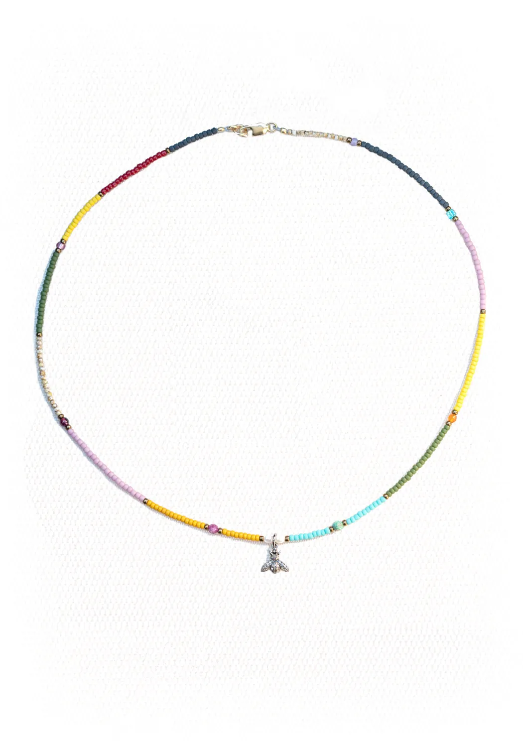 Catherine Michiels Diamond Bee Charm Rainbow Seed Bead Necklace