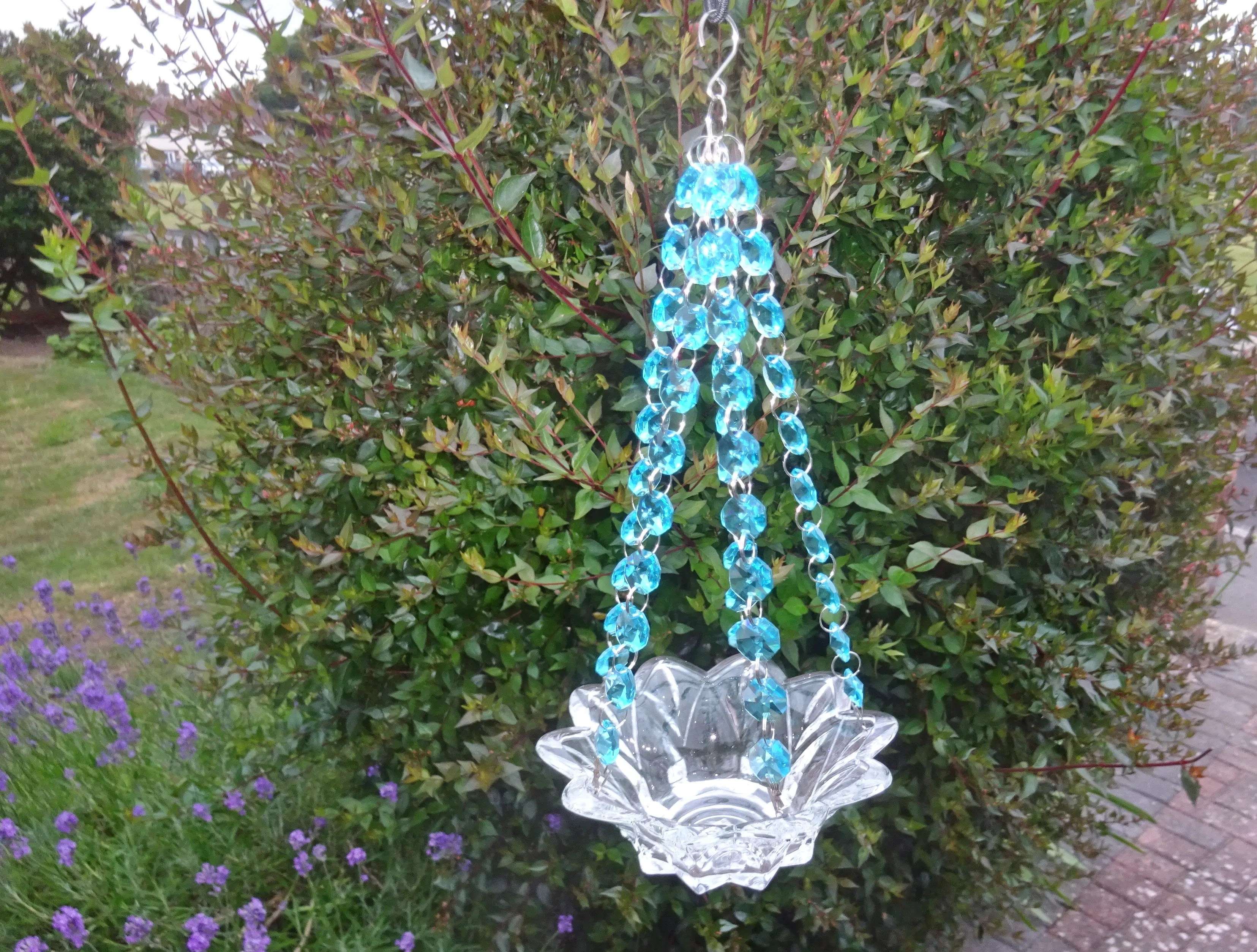 CLEARANCE Aqua Teal Glass Chandelier Tea Light Candle Holder Wedding Event or Garden Feature