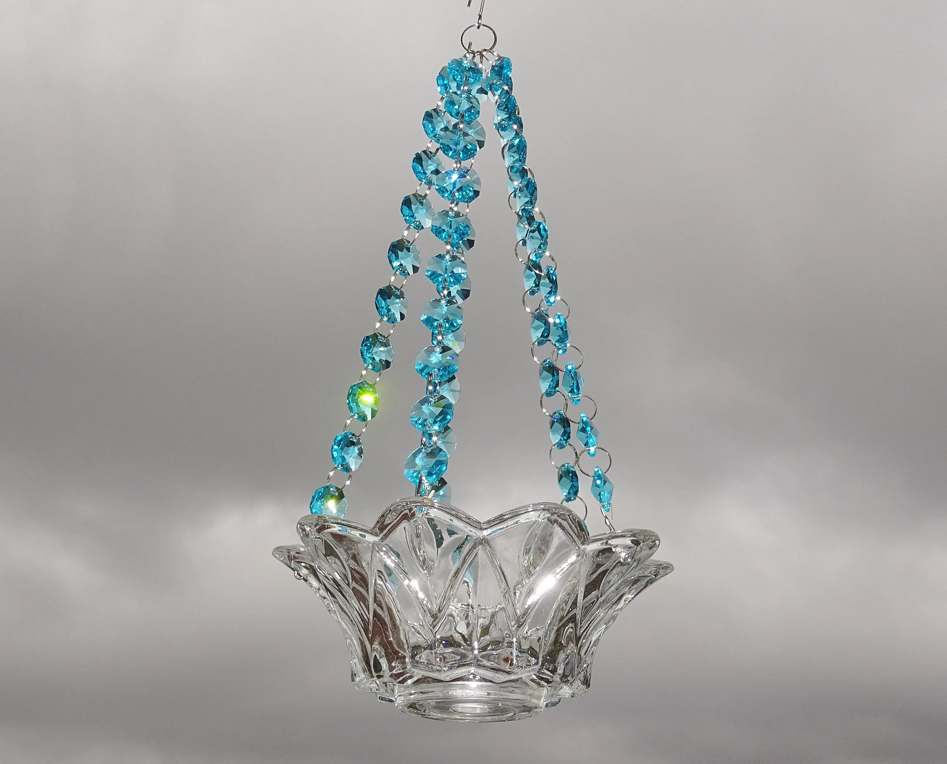 CLEARANCE Aqua Teal Glass Chandelier Tea Light Candle Holder Wedding Event or Garden Feature