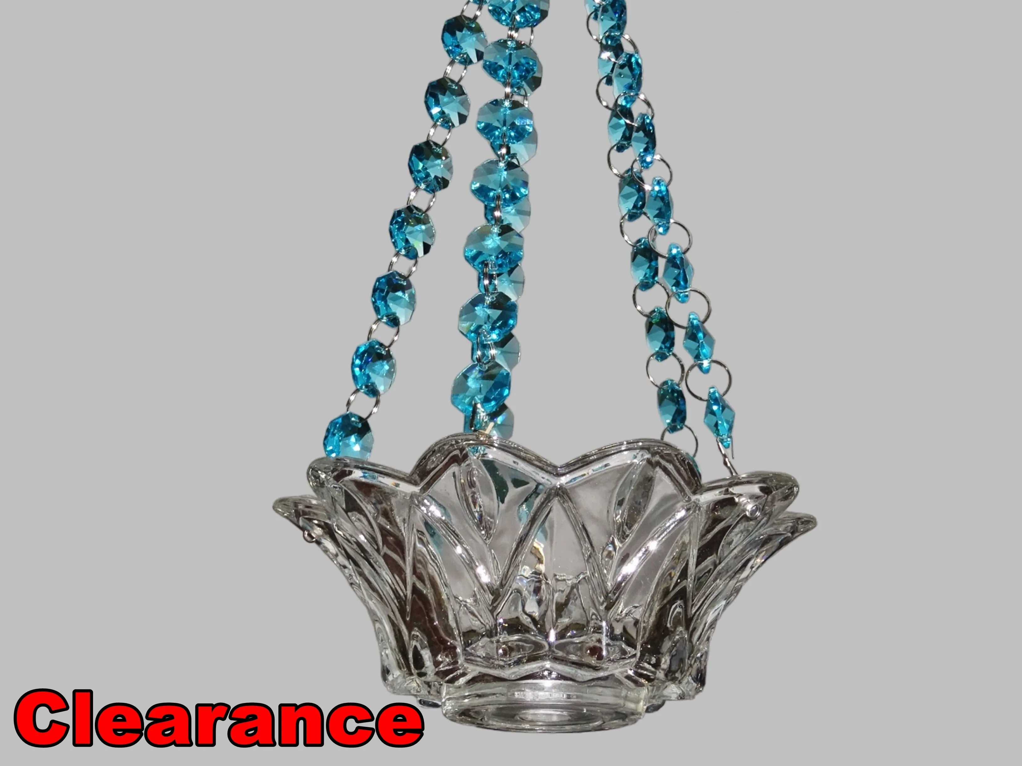 CLEARANCE Aqua Teal Glass Chandelier Tea Light Candle Holder Wedding Event or Garden Feature