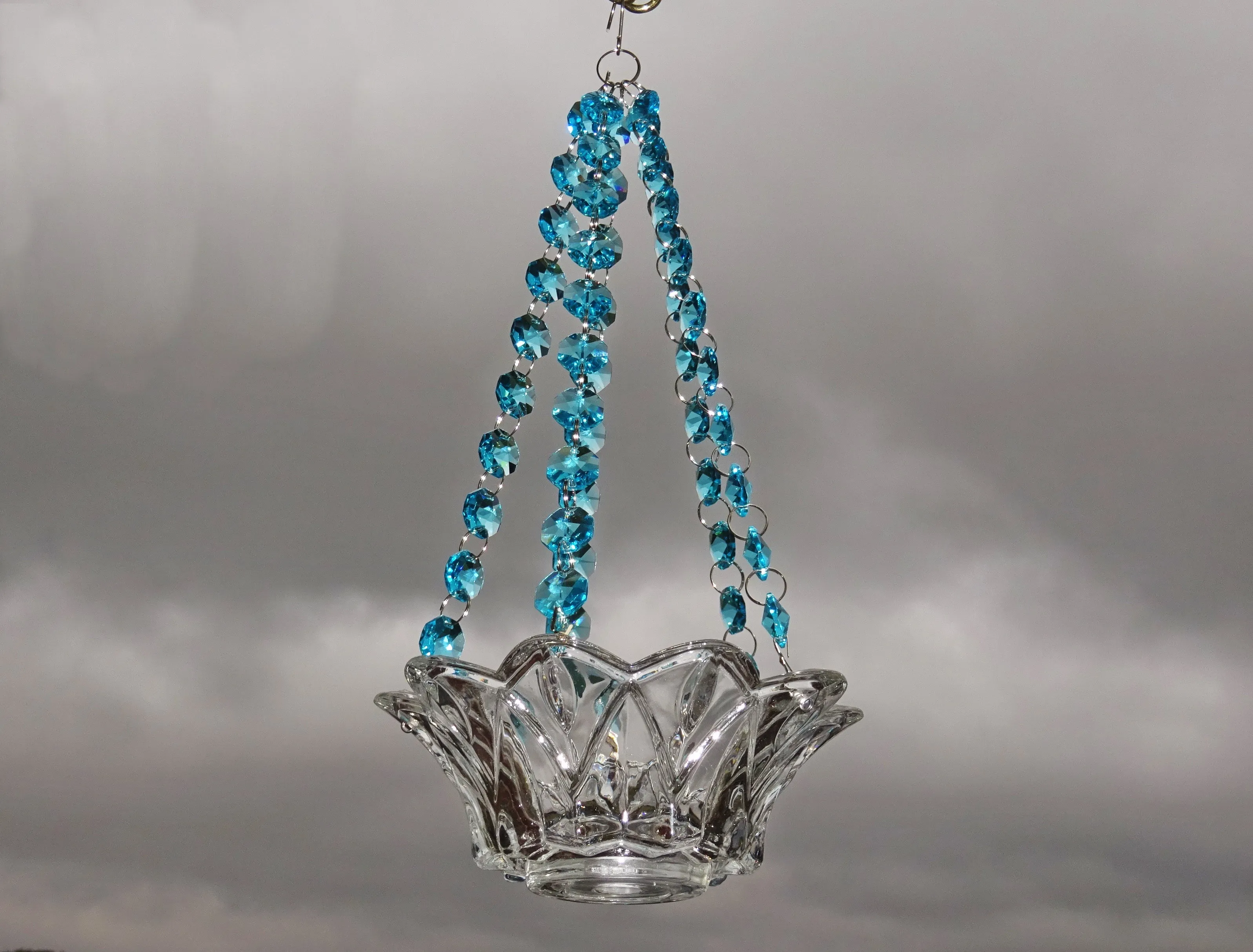 CLEARANCE Aqua Teal Glass Chandelier Tea Light Candle Holder Wedding Event or Garden Feature