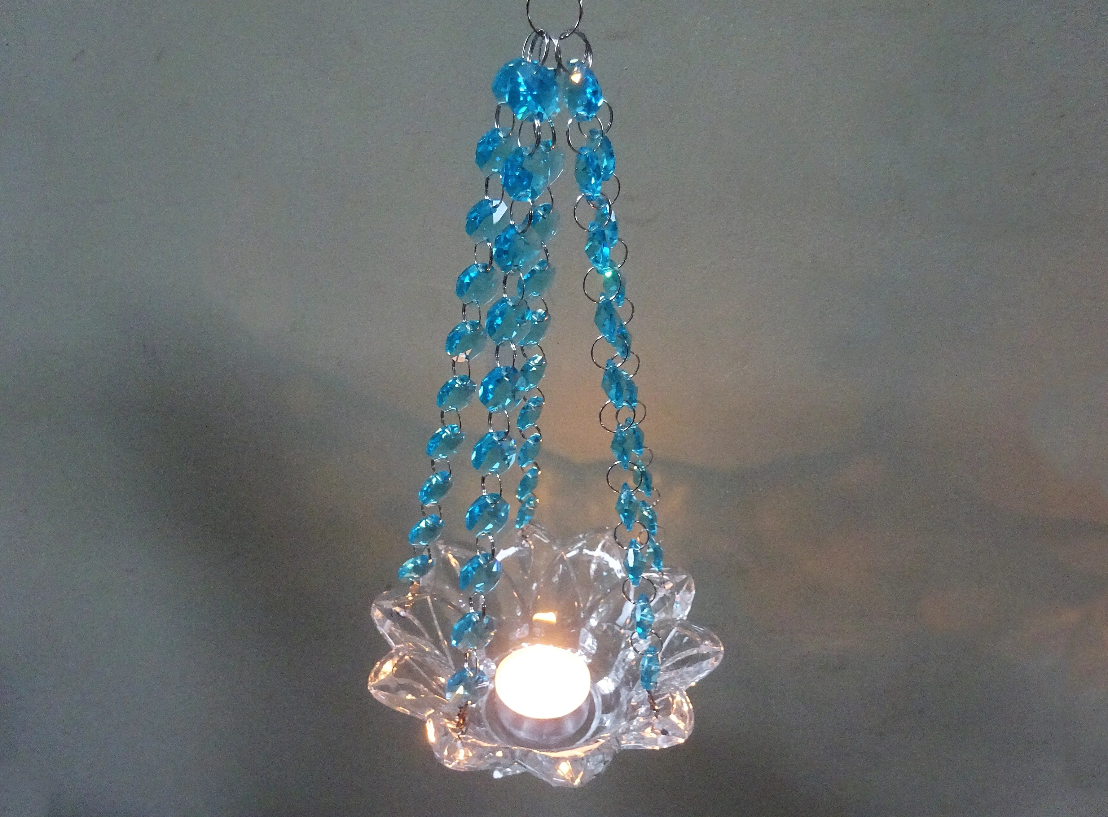 CLEARANCE Aqua Teal Glass Chandelier Tea Light Candle Holder Wedding Event or Garden Feature