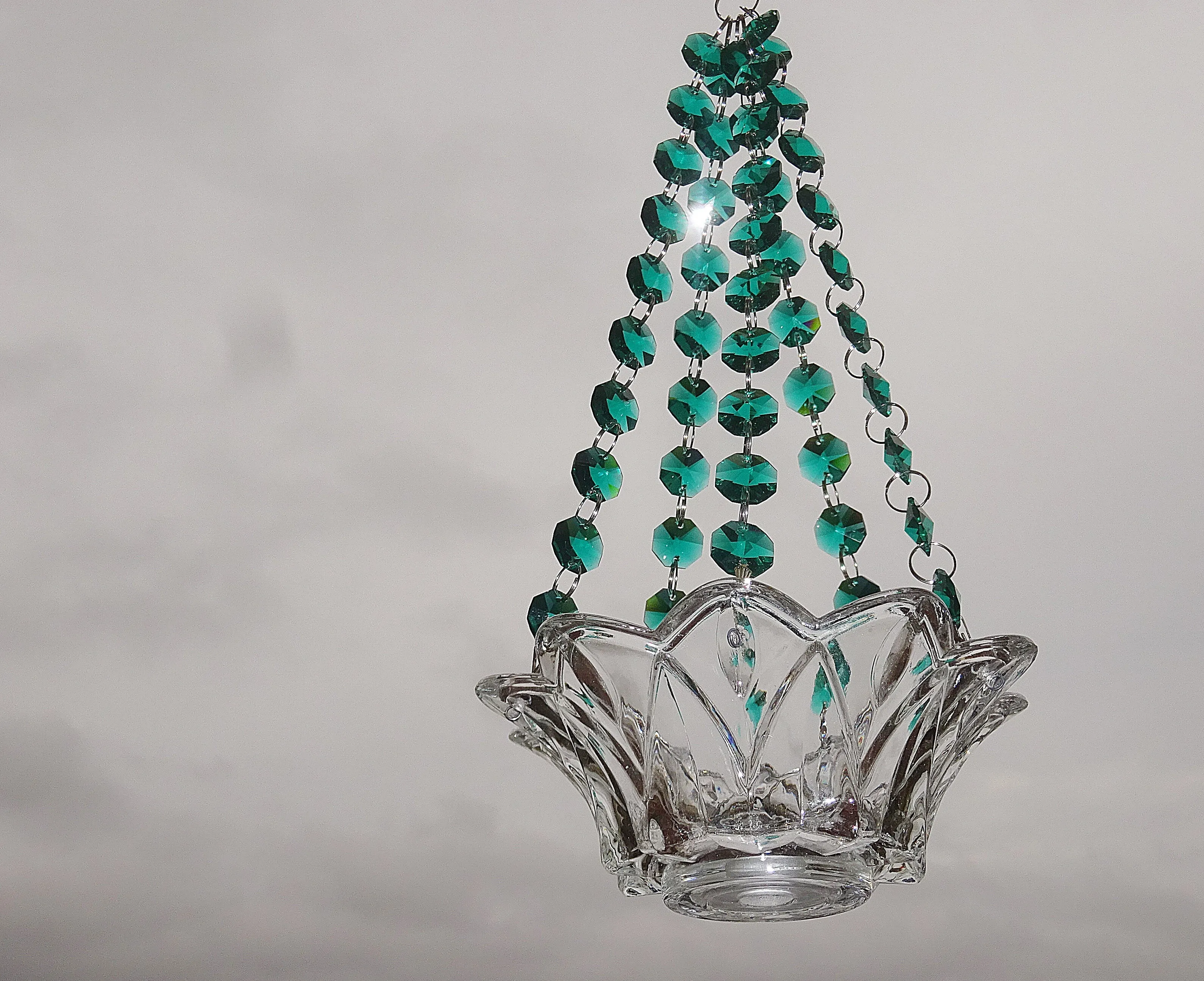 CLEARANCE Peacock Green Glass Chandelier Tea Light Candle Holder Wedding Event or Garden Feature