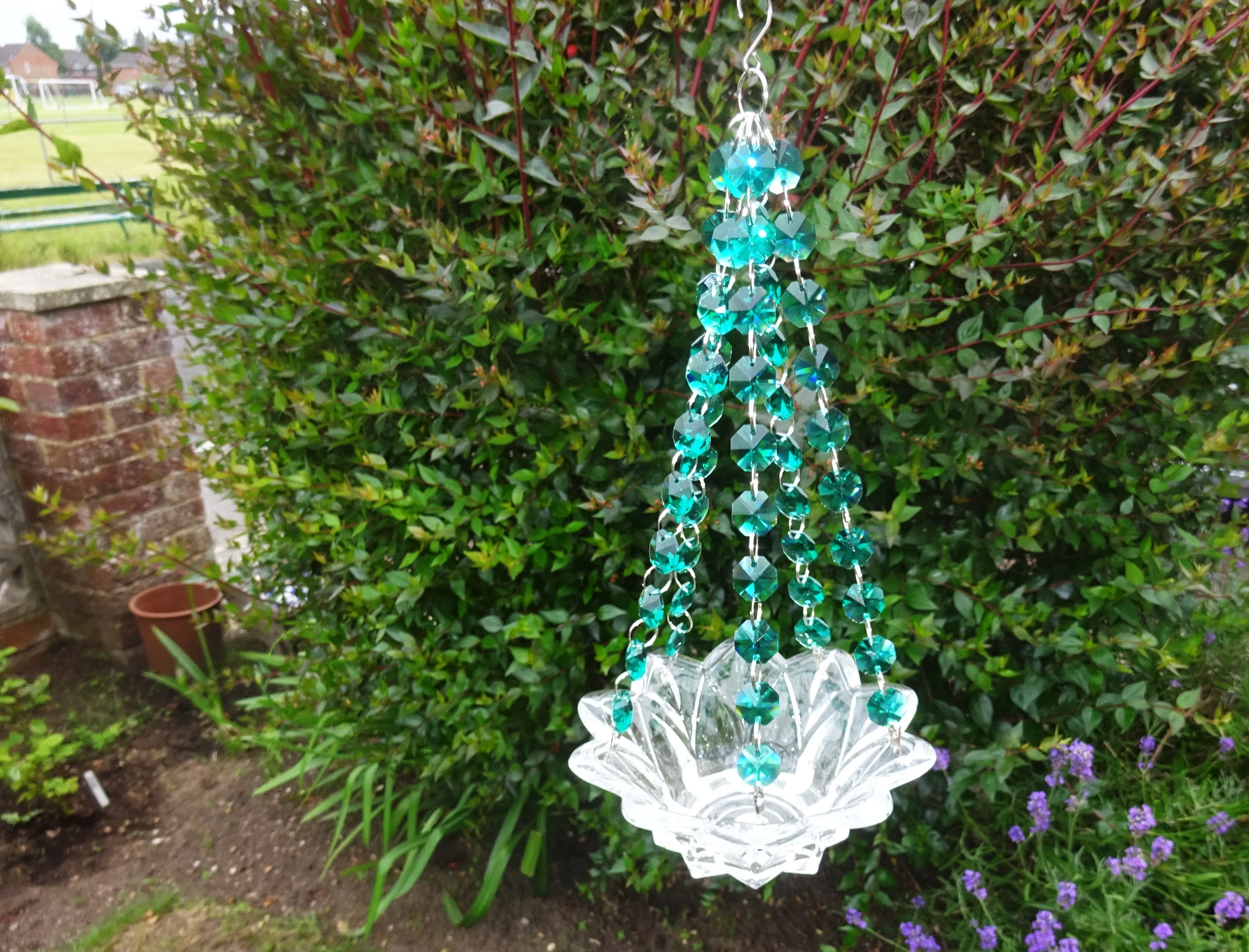 CLEARANCE Peacock Green Glass Chandelier Tea Light Candle Holder Wedding Event or Garden Feature