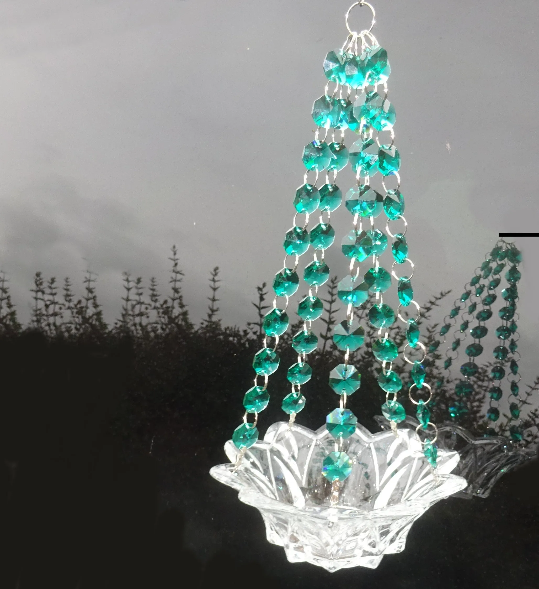 CLEARANCE Peacock Green Glass Chandelier Tea Light Candle Holder Wedding Event or Garden Feature