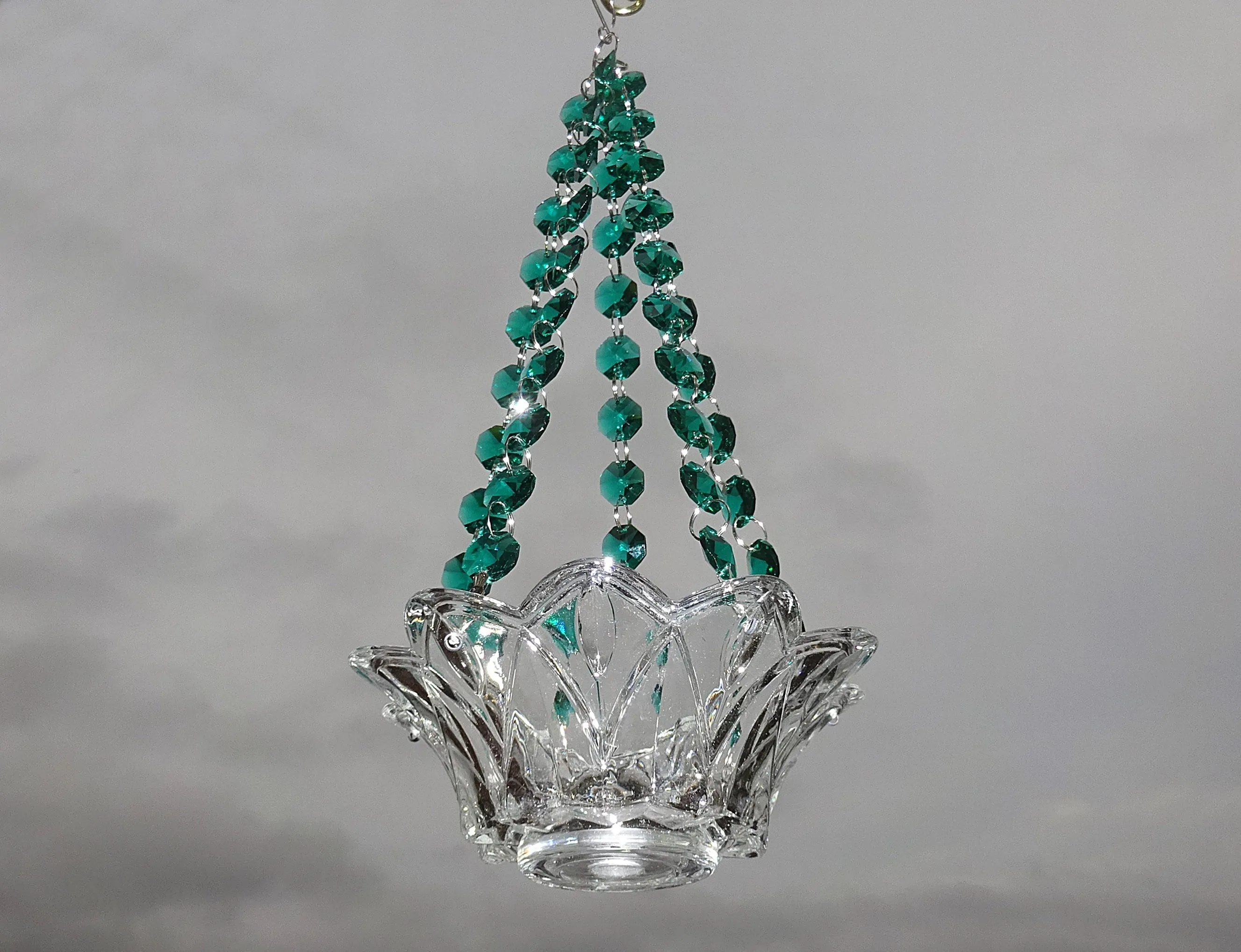 CLEARANCE Peacock Green Glass Chandelier Tea Light Candle Holder Wedding Event or Garden Feature