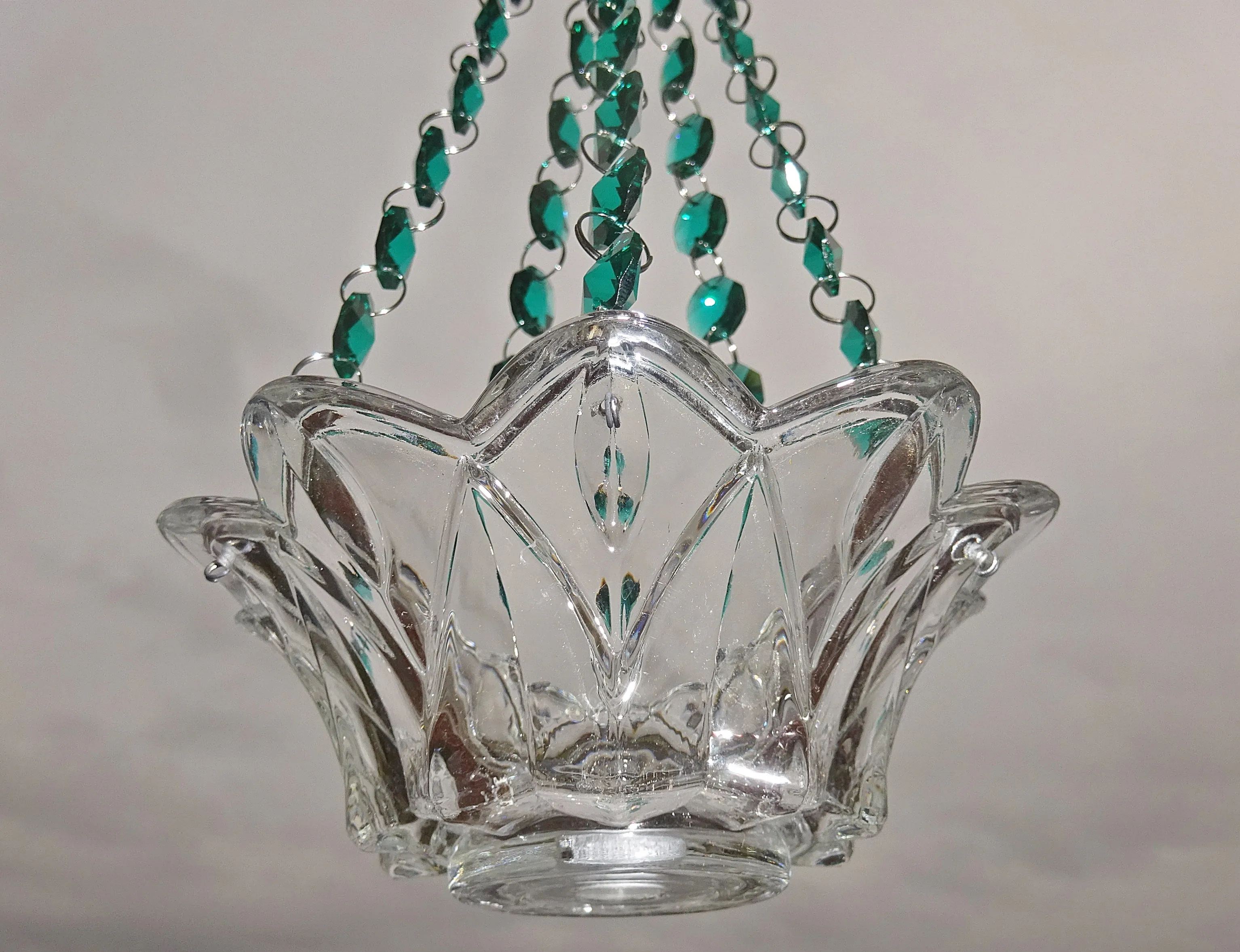 CLEARANCE Peacock Green Glass Chandelier Tea Light Candle Holder Wedding Event or Garden Feature