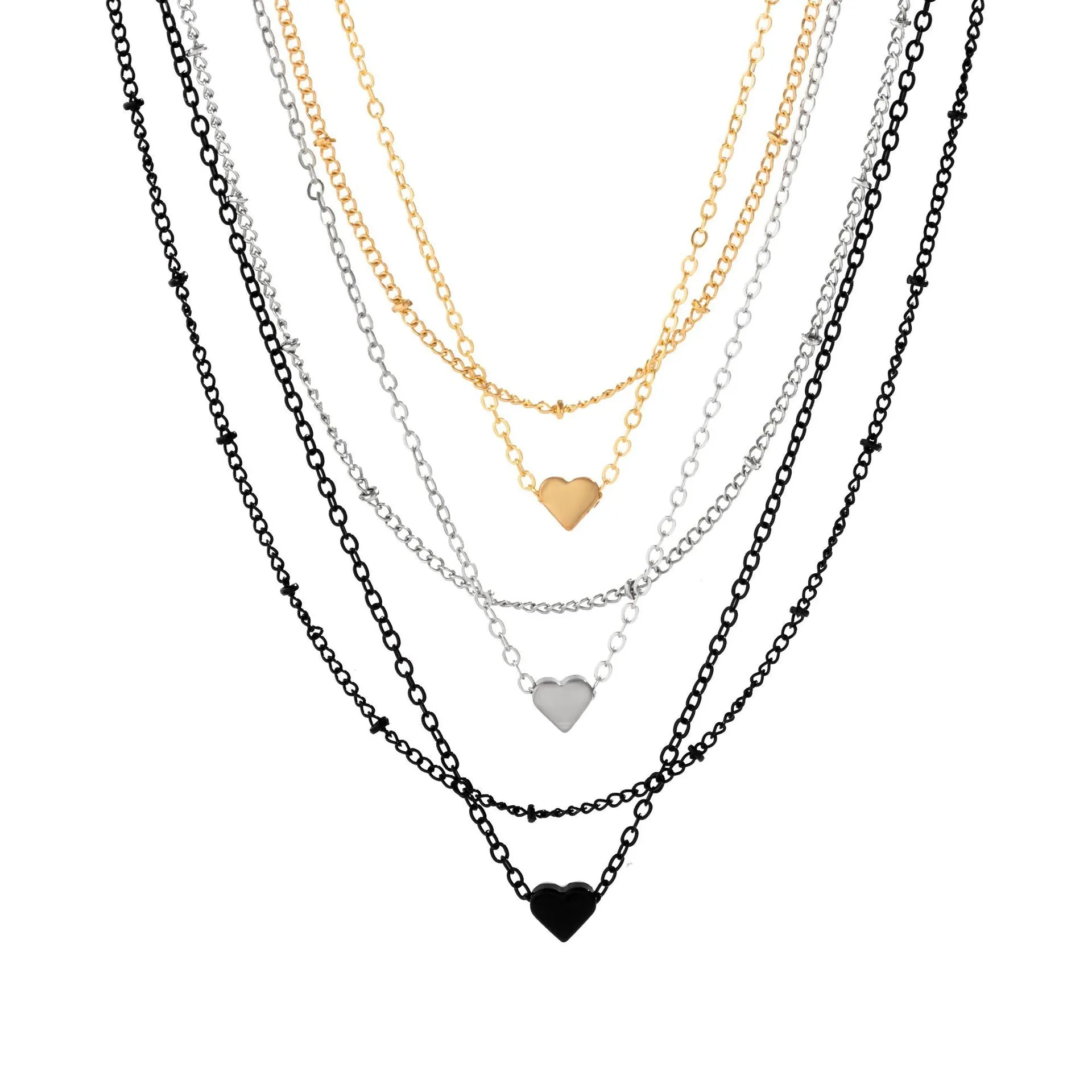 Colorful Heart-shaped Layered Necklace with Punk Geometric Chain