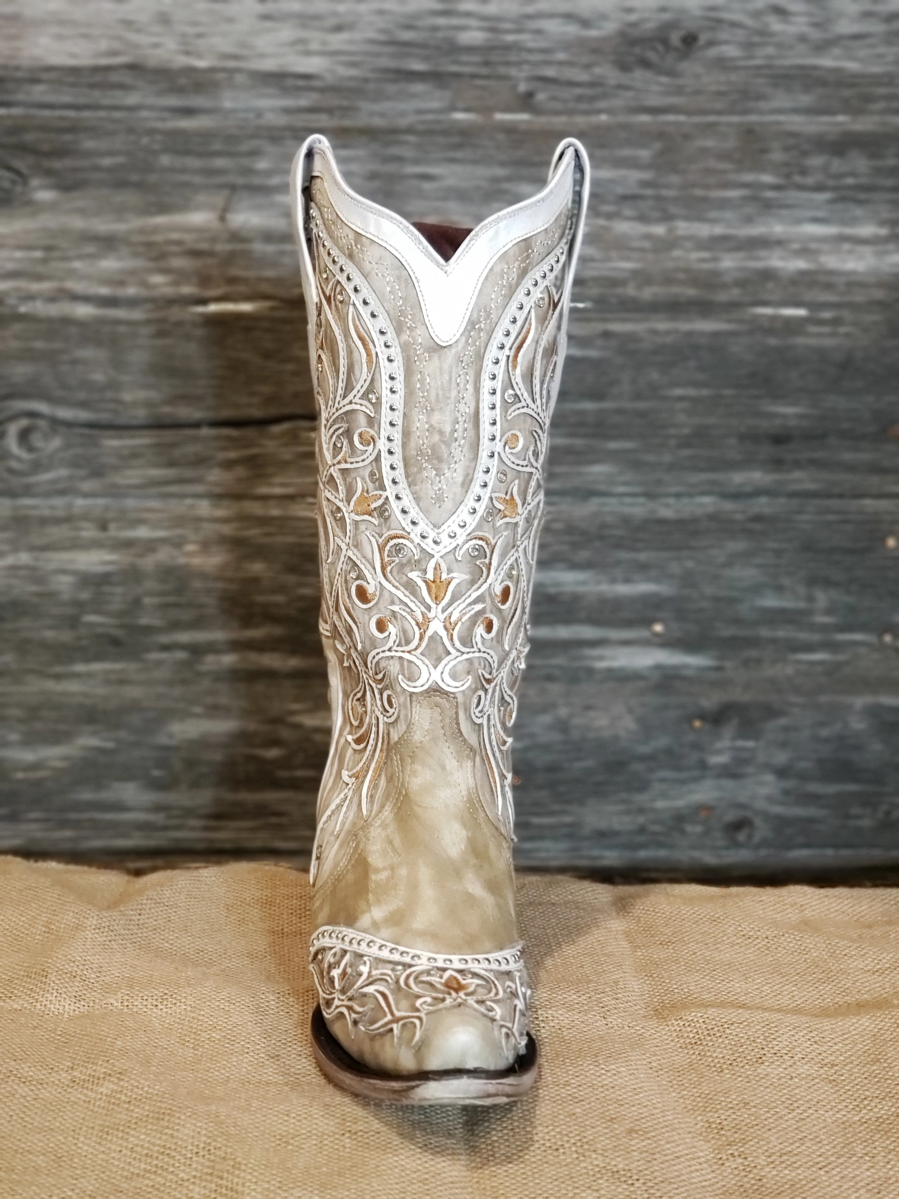 Corral White Overlay Studded Womens Snip Toe Boots A3837