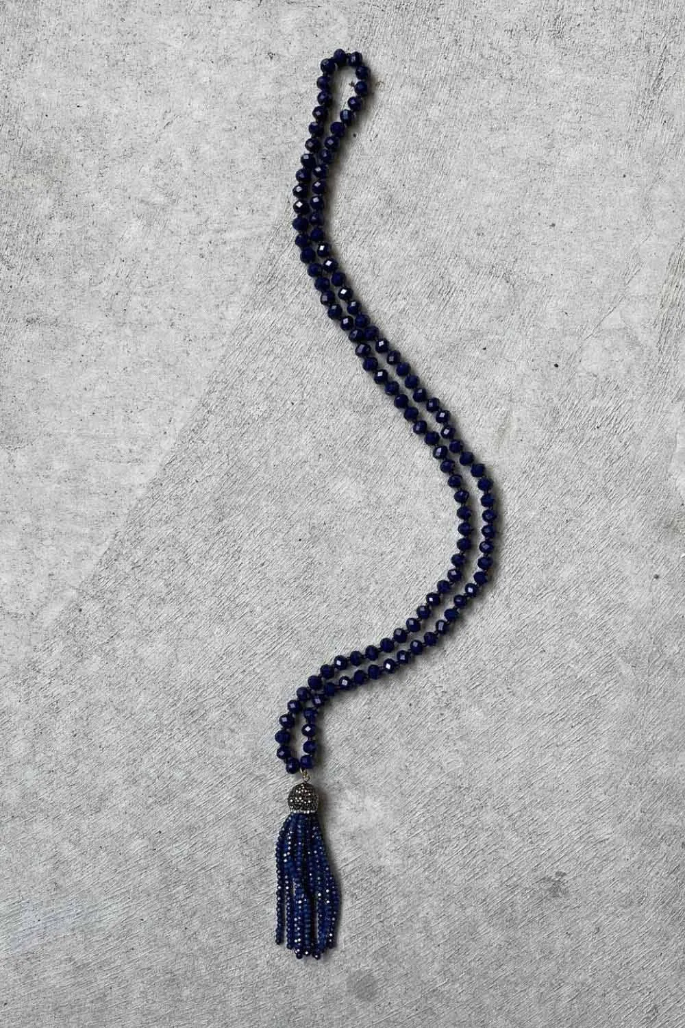 Crystal Tassel Necklace - Navy