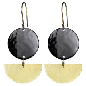 Donte Earring, Circle With Semi Circle Black Enamel & Brass