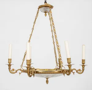 Empire Style Glass Gilt Metal 6 Light Chandelier