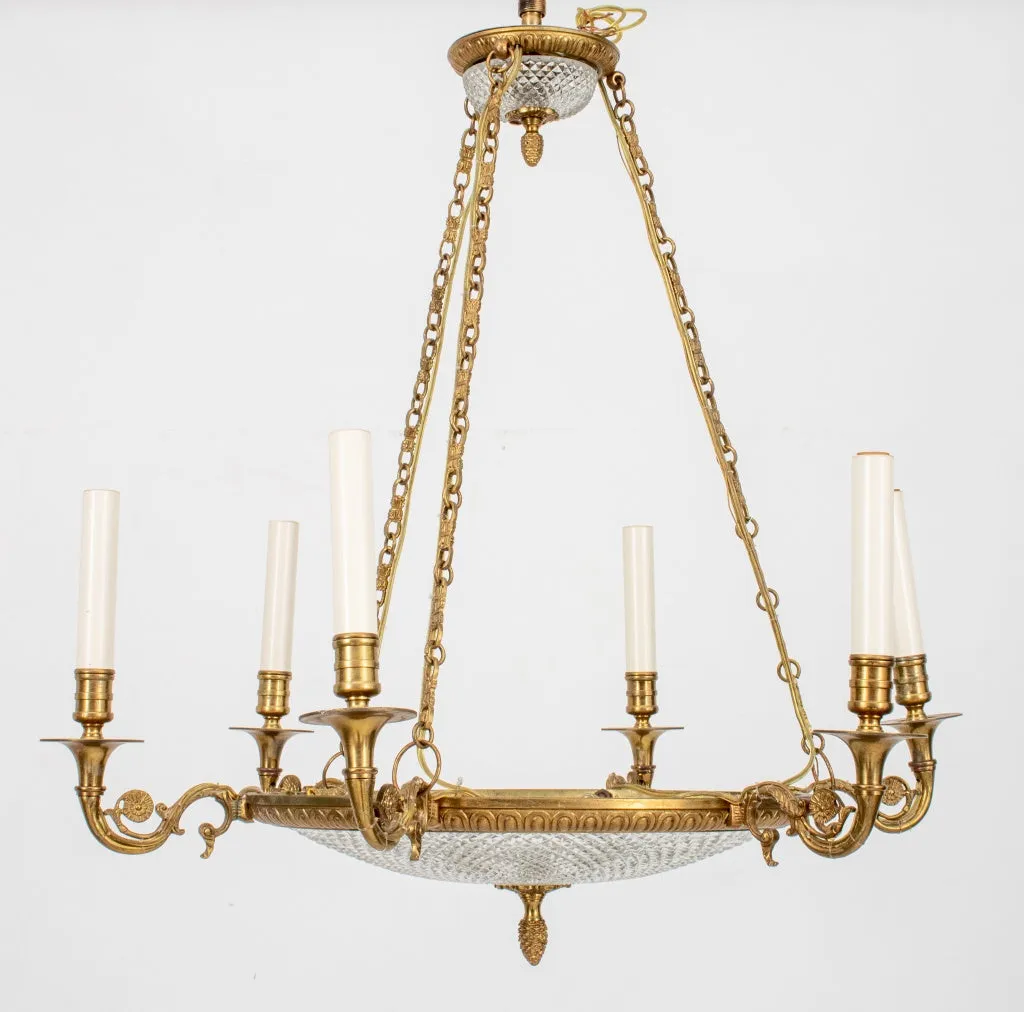 Empire Style Glass Gilt Metal 6 Light Chandelier