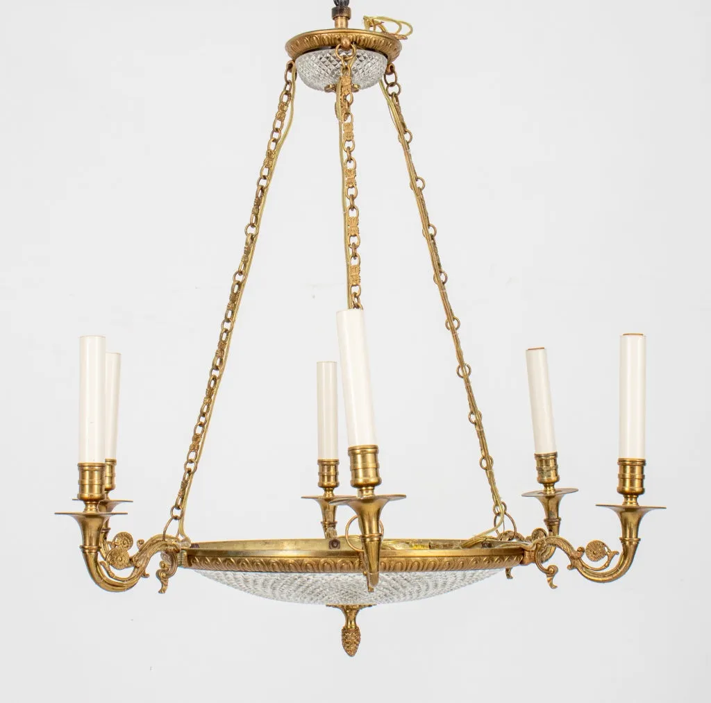 Empire Style Glass Gilt Metal 6 Light Chandelier