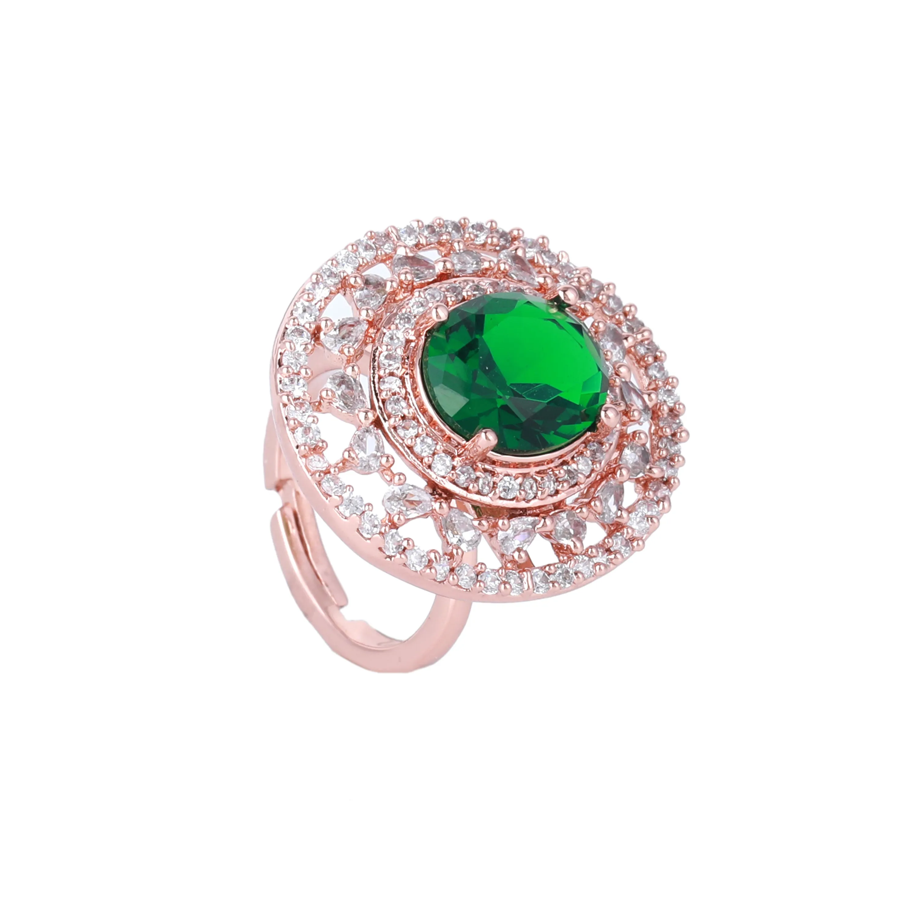 Estele Rosegold Plated Luxurious Green American Diamond (Adjustable) Finger Ring for Women