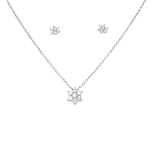 Flower Necklace and Stud Earrings Jewellery Set with Cubic Zirconia in Sterling Silver