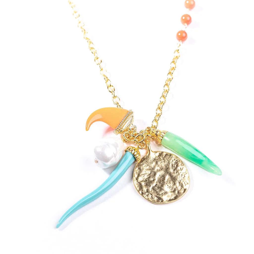 Gold and Coral Chain Necklace with Multicolored Pendants