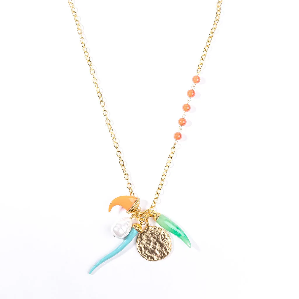 Gold and Coral Chain Necklace with Multicolored Pendants