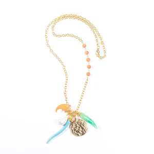 Gold and Coral Chain Necklace with Multicolored Pendants