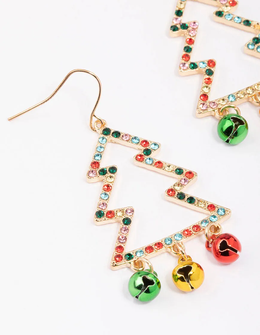 Gold Bell Christmas Tree Drop Earrings