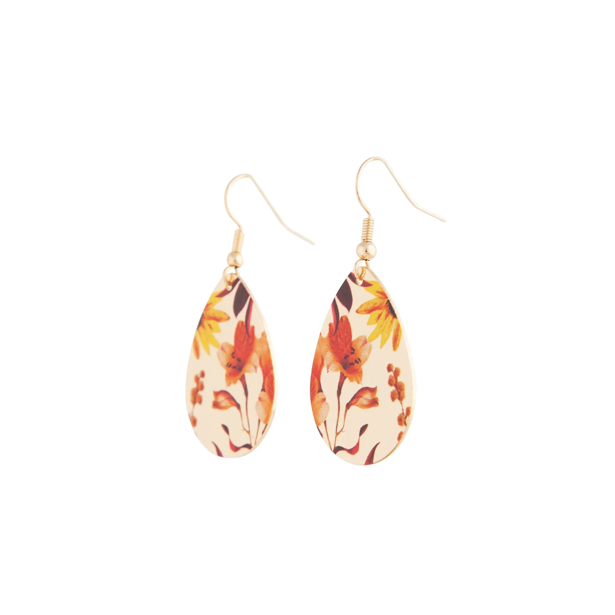 Gold Orange Orchid Teardrop Earrings