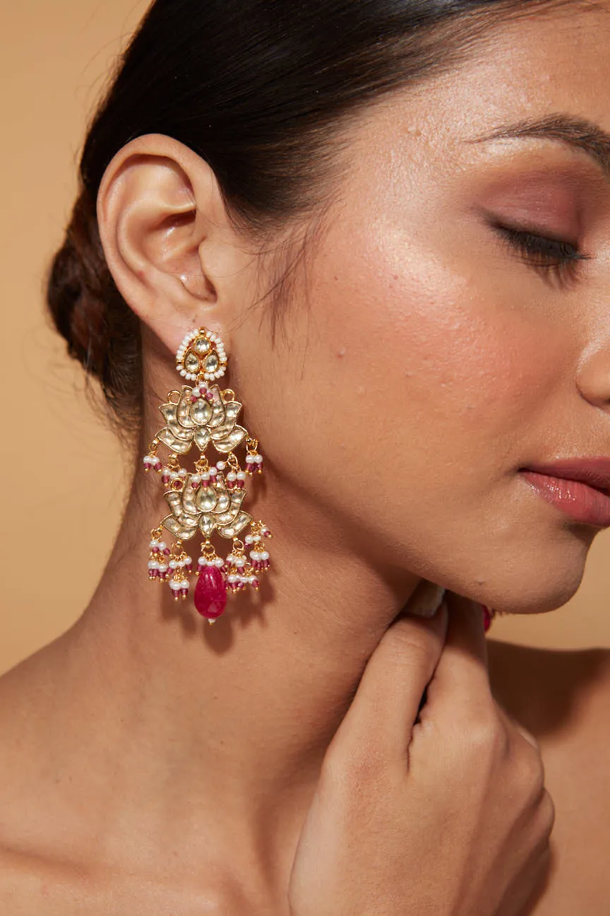 Gold Plated Kundan Studded Pink Drop Lotus Shape Dangle Earrings