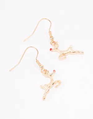 Gold Reindeer Enamel Drop Earrings