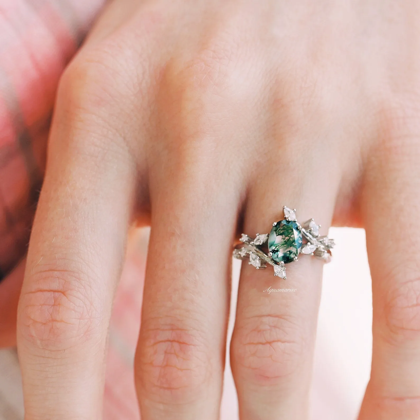 Green Moss Agate Leaf Ring- Sterling Silver