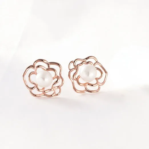 Hollow Rose Petal with Freshwater Pearl Silver Stud Earrings for Women