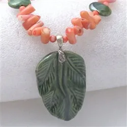 Kazuri Green Leaf Pendant on Peachy Pink Bead Necklace