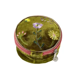 Lua - Round Velvet Jewellery Pouch - Embroidered Wildflowers - Olive Green/Pink Zip - 11x11x5.5cms