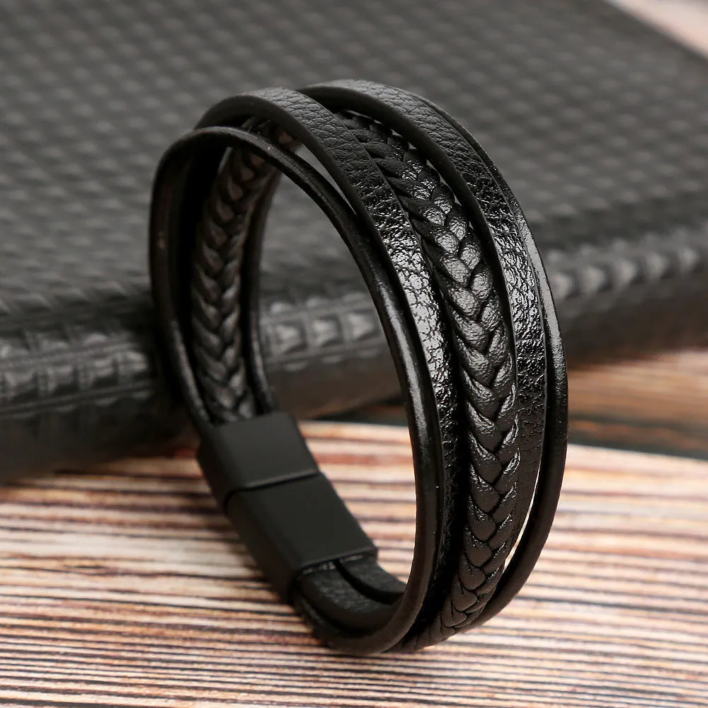 Magnet Buckle Simple Monochrome Men's Leather Bracelet