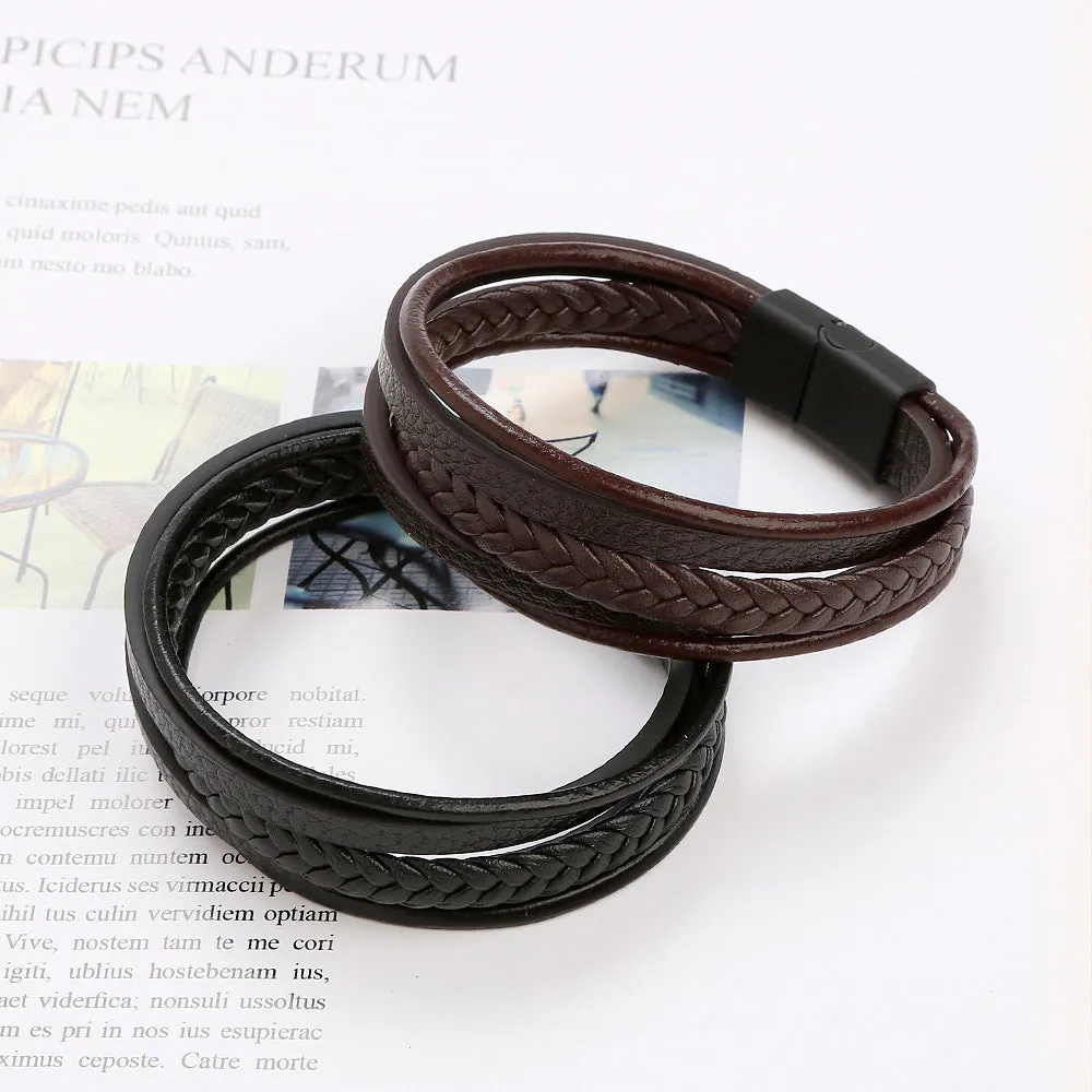 Magnet Buckle Simple Monochrome Men's Leather Bracelet