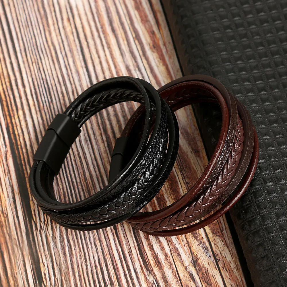 Magnet Buckle Simple Monochrome Men's Leather Bracelet