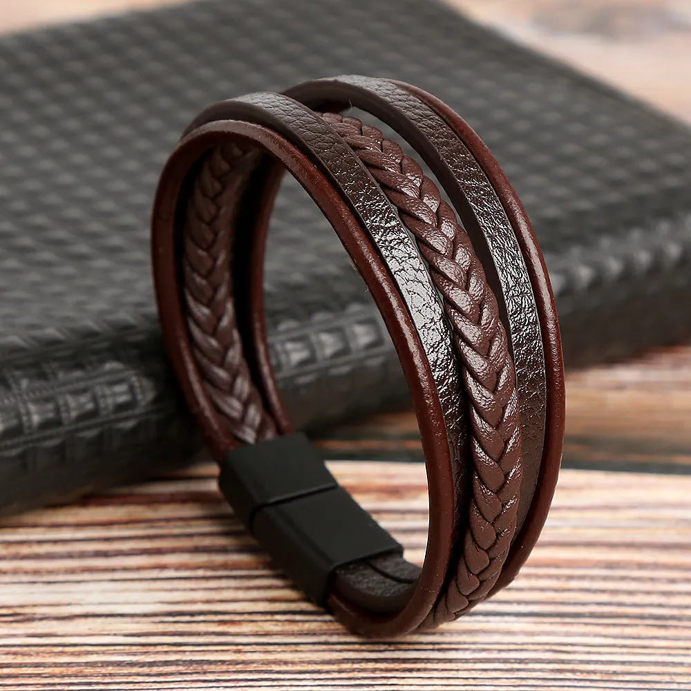 Magnet Buckle Simple Monochrome Men's Leather Bracelet