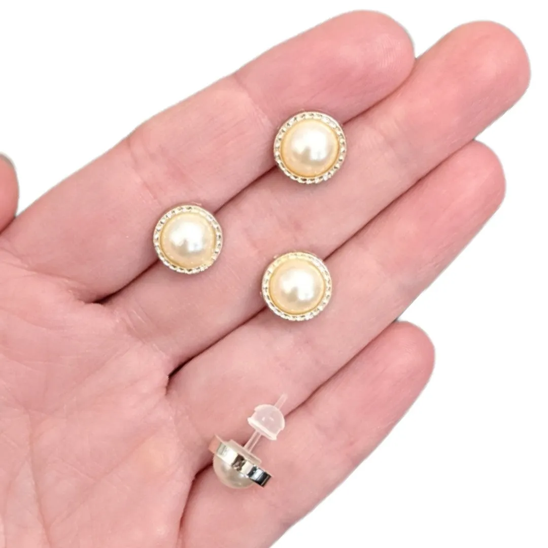 Minimalist Gold Rimmed Pearl Studs Hypoallergenic Earrings for Sensitive Ears Made with Plastic Posts