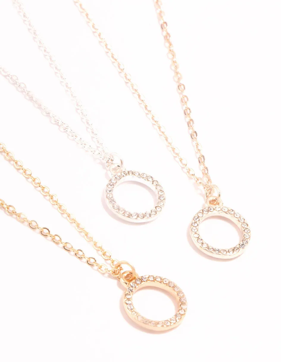 Mixed Metals Diamante Open Circle Necklaces 3-Pack