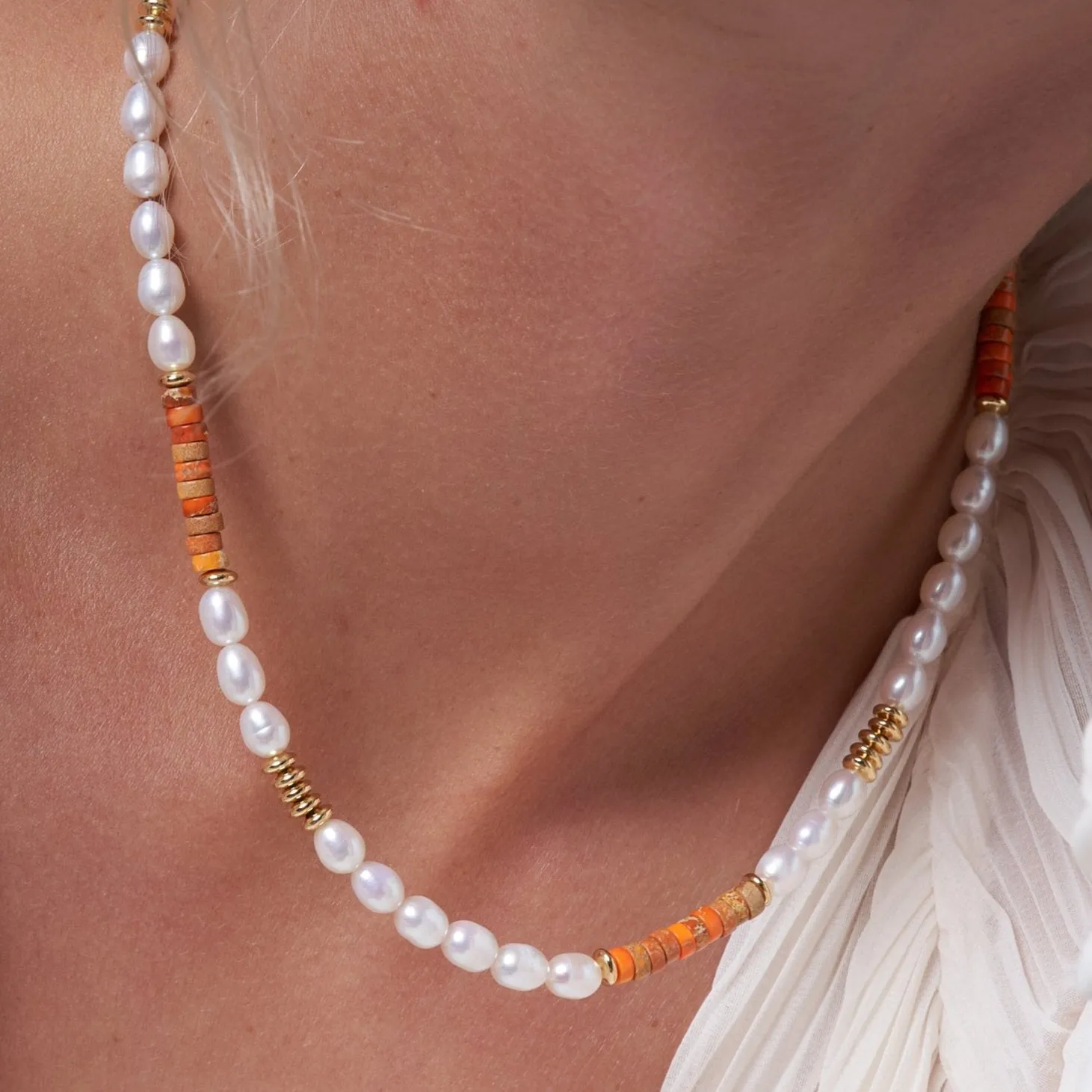 Nova oval cultured freshwater pearl necklace with orange jasper & gold beads