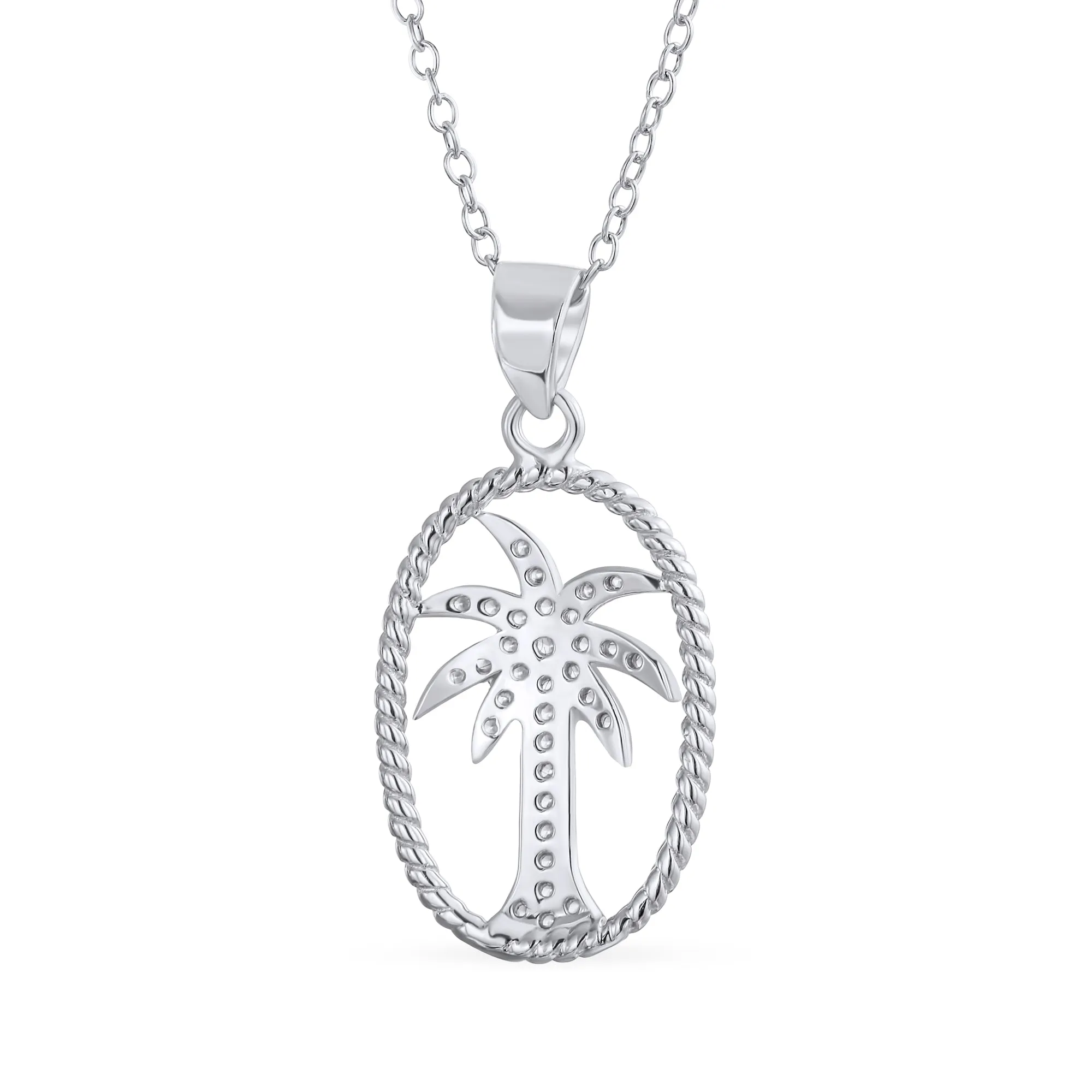 Oval Frame Nautical CZ Palm Tree Pendant Necklace in Sterling Silver