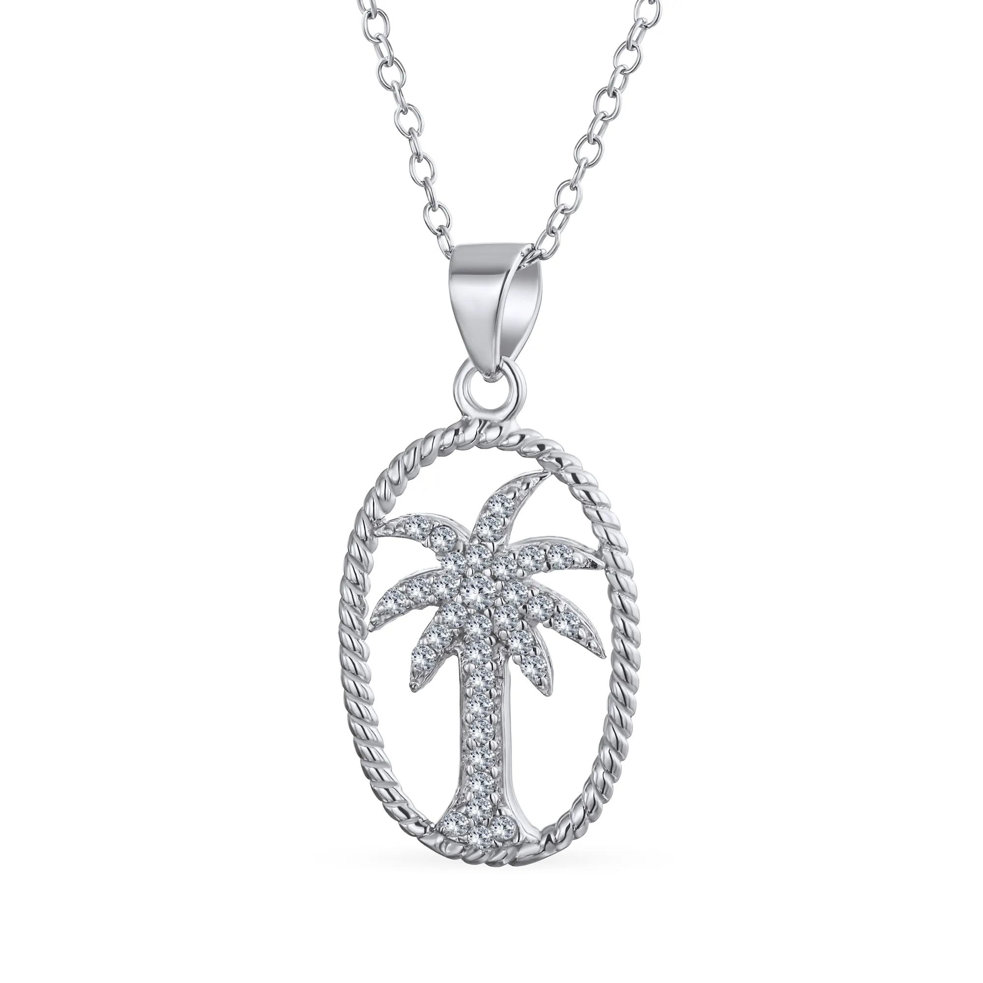 Oval Frame Nautical CZ Palm Tree Pendant Necklace in Sterling Silver