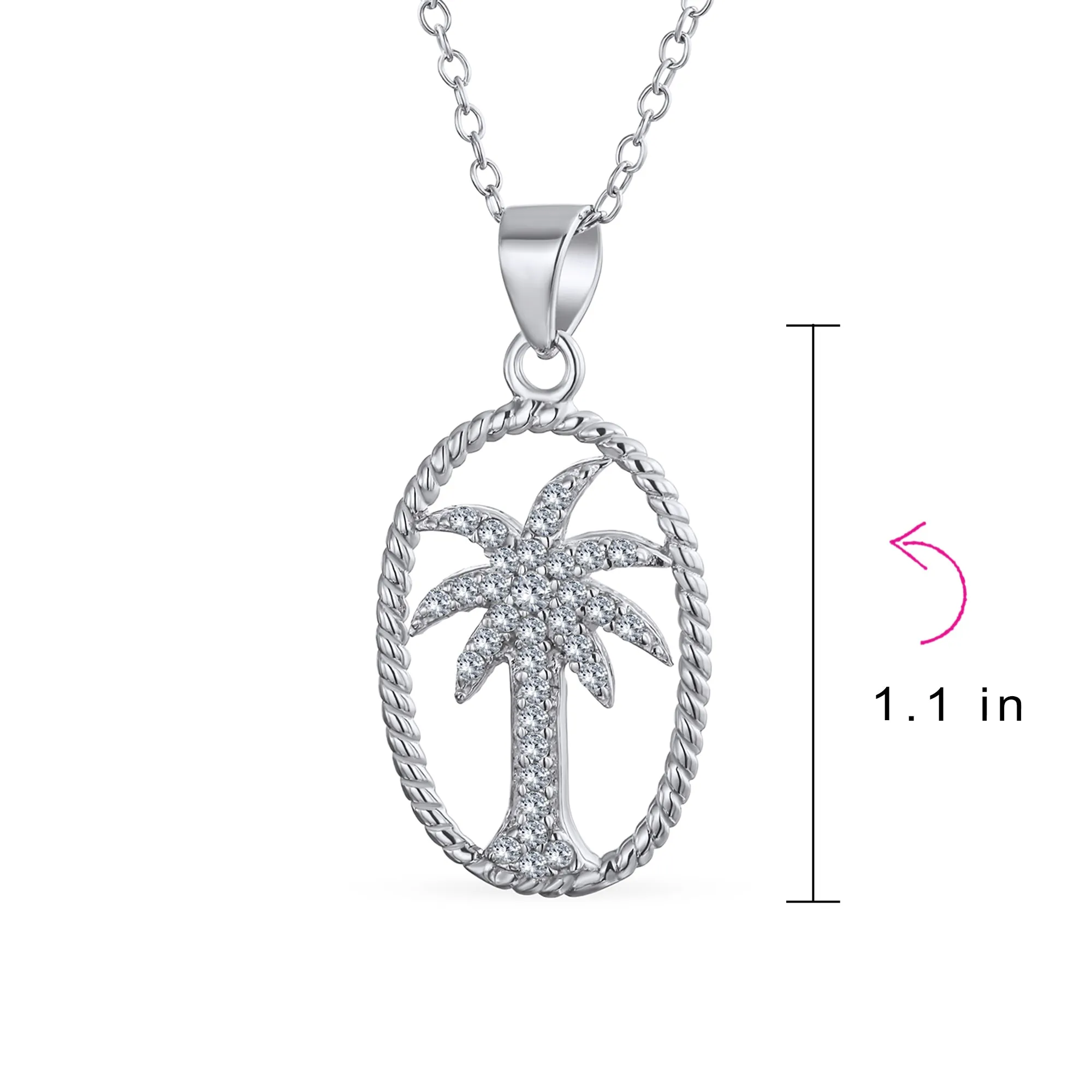 Oval Frame Nautical CZ Palm Tree Pendant Necklace in Sterling Silver