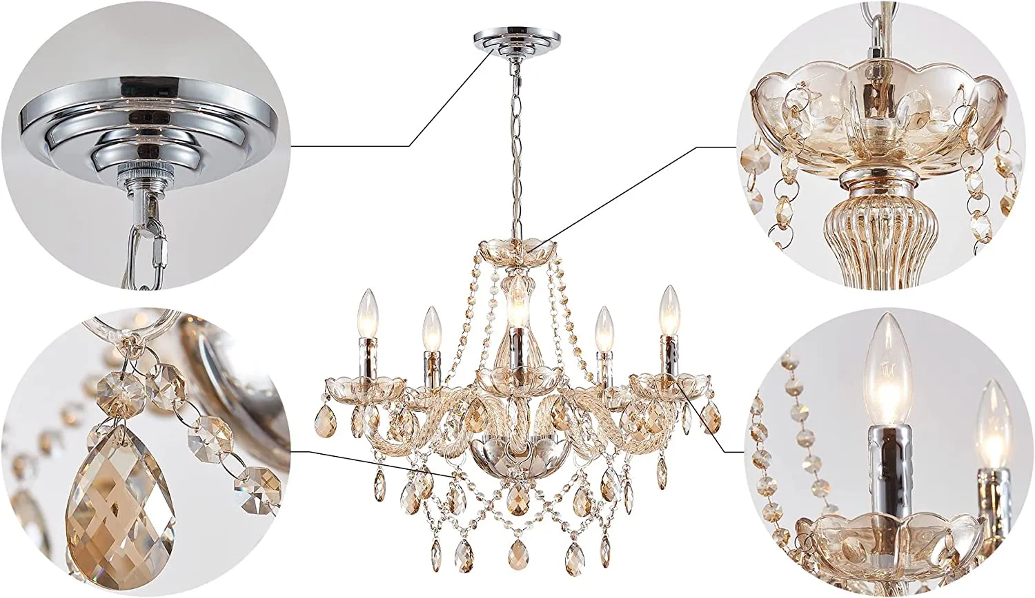 Pendant Ceiling with 5-Light, Champagne Crystal Chandelier