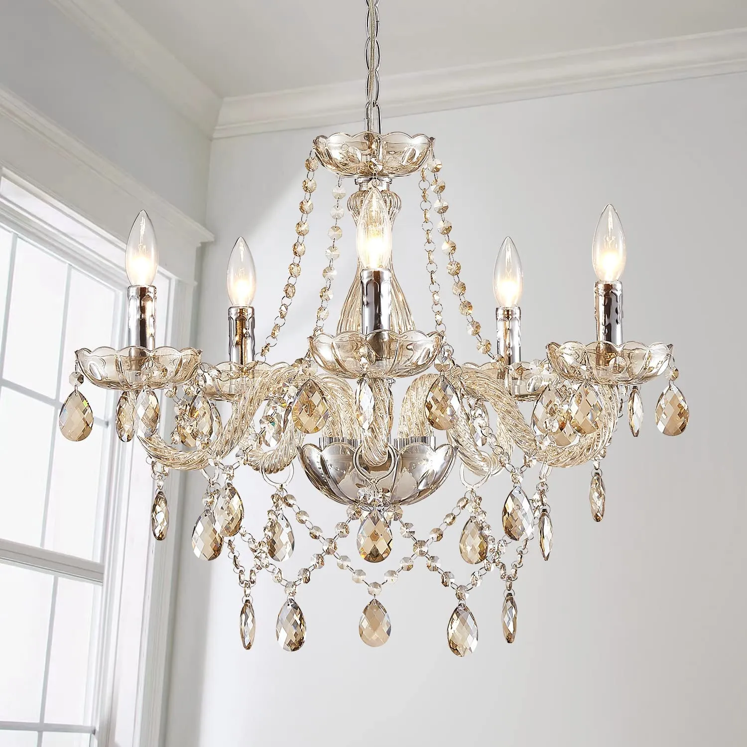 Pendant Ceiling with 5-Light, Champagne Crystal Chandelier