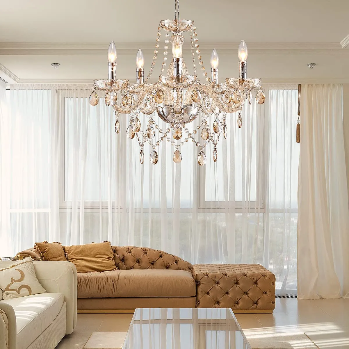 Pendant Ceiling with 5-Light, Champagne Crystal Chandelier