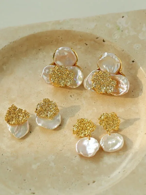 Petal Baroque Pearl Earrings-Three Petal Stud Earrings