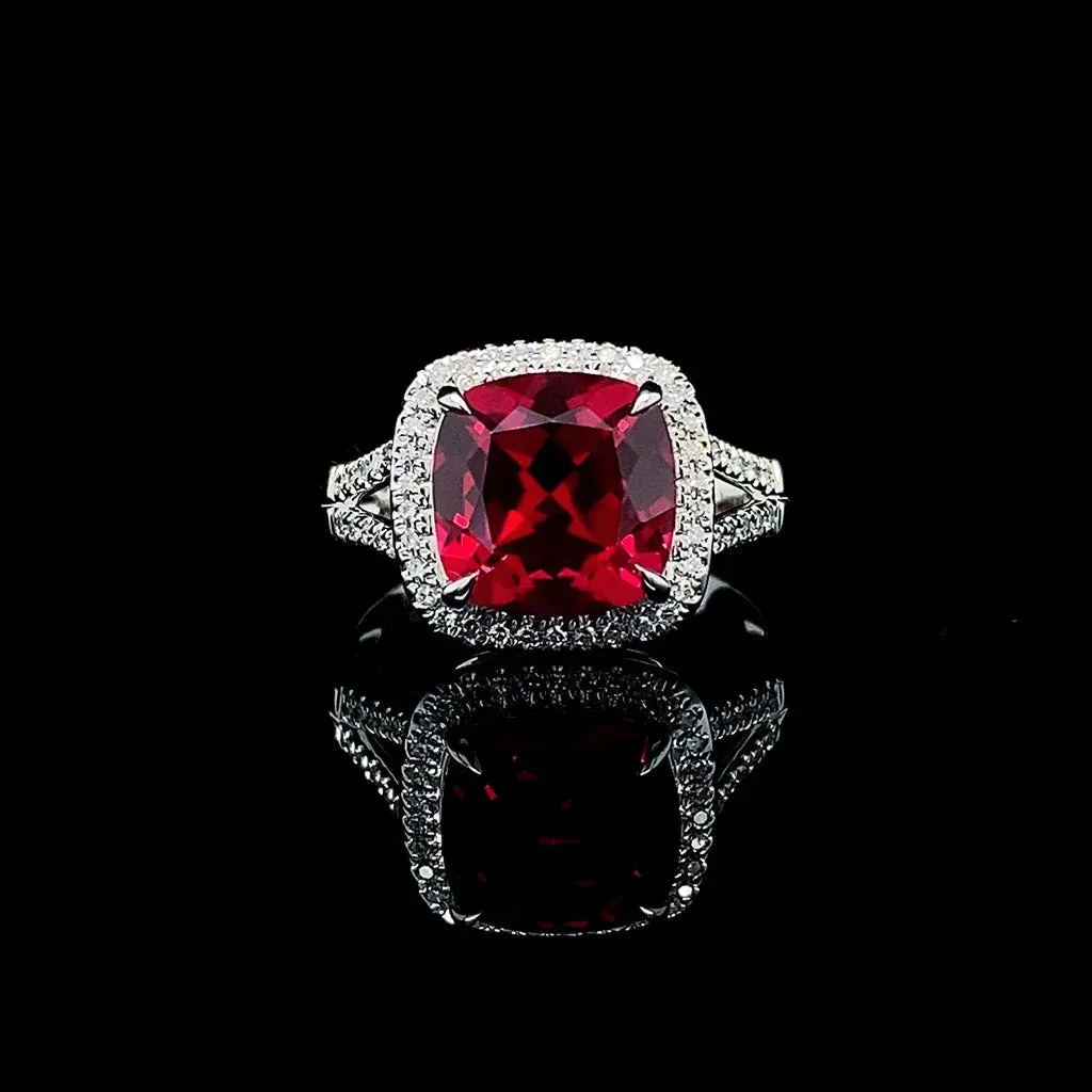 PREORDER | Cushion Red Ruby Paved Gemstones Diamond Ring 14kt